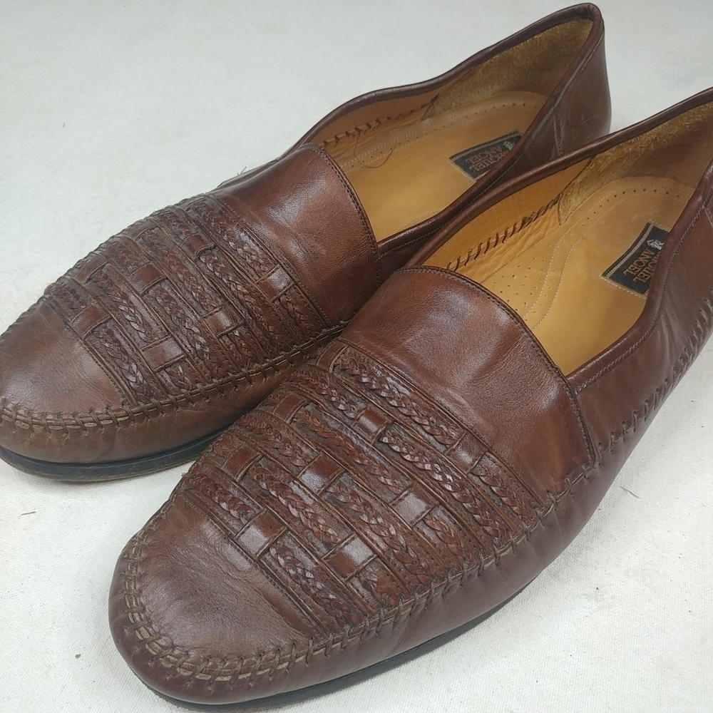 Miguel Angel Brown Woven Leather Slip On Loafers S